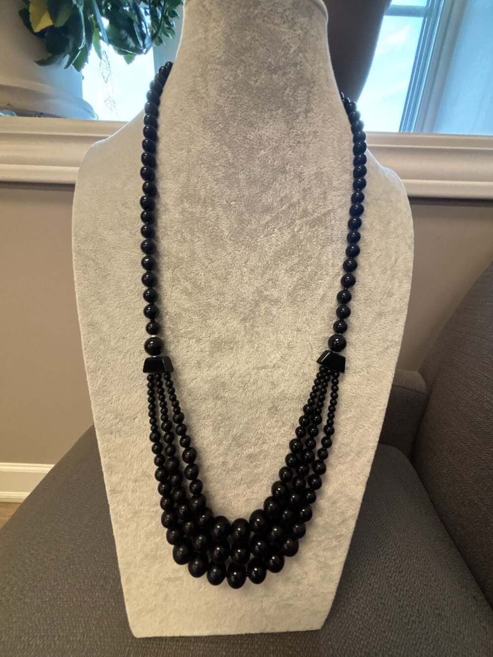 Vintage Multi-Strand Black Glass Beaded Statement Necklace